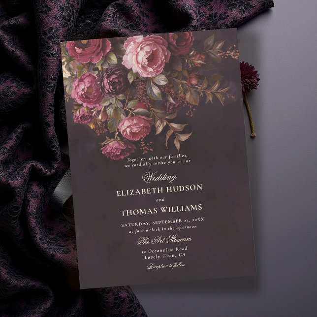 Mörk Romantisk Dämpad Blommig Burgunder Röd Bröllo Inbjudningar (burgundy wedding invitation dark romantic moody painterly old masters elegant modern classic formal)