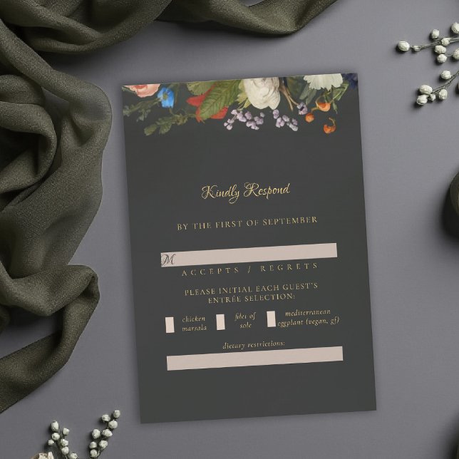 Mörk Romantisk Gotisk Röd Mörk Blommig Bröllop OSA Kort (moody wedding rsvp card dark romantic gothic elegant modern classic floral oil painting)