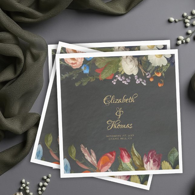 Mörk Romantisk Gotisk Röd Mörk Blommig Bröllop Pappersservett (moody wedding personalized napkins decor dark romantic gothic elegant modern classic floral painting)
