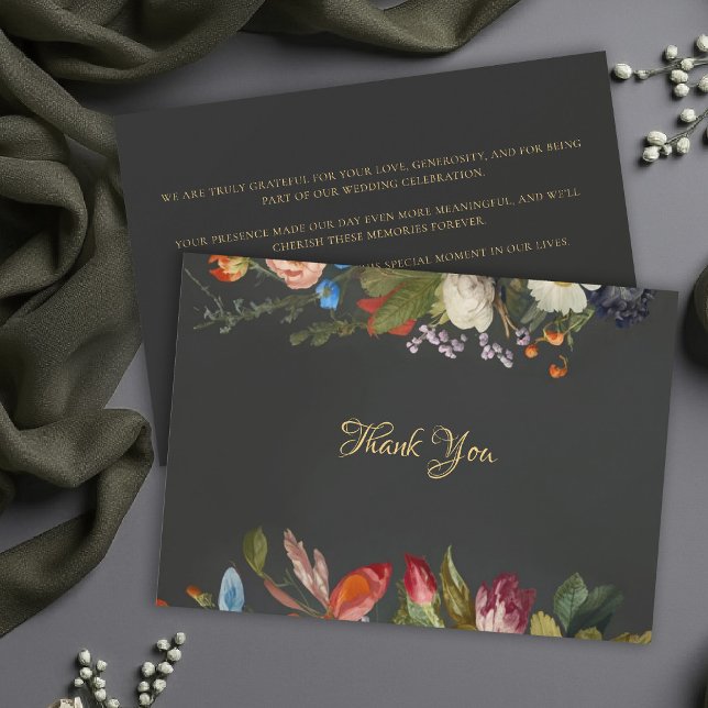 Mörk Romantisk Gotisk Röd Mörk Blommig Bröllop Tack Kort (moody wedding thank you card dark romantic gothic elegant modern classic floral oil painting)