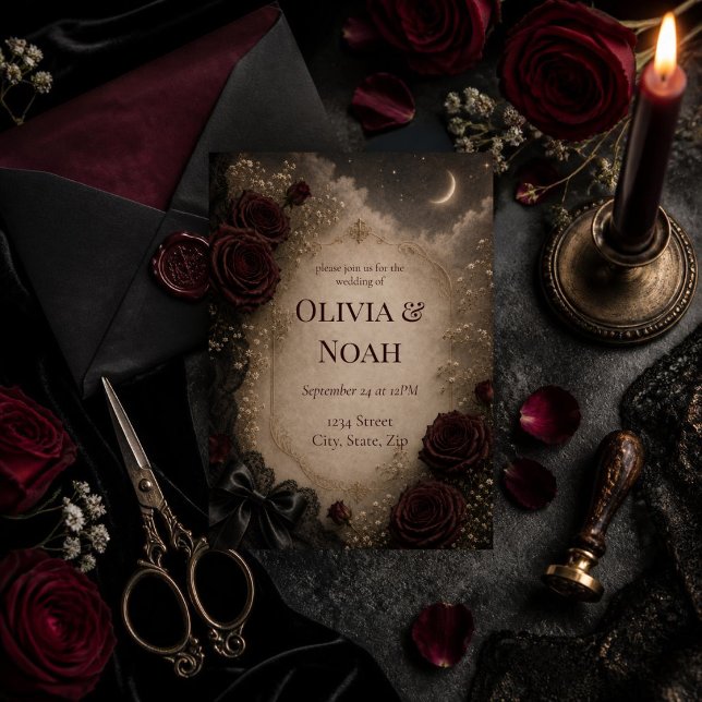 Mörk Romantisk Gotisk Ros & Måne Bröllop Inbjudningar (Elegant gothic wedding invitation featuring deep burgundy roses, antique parchment.)