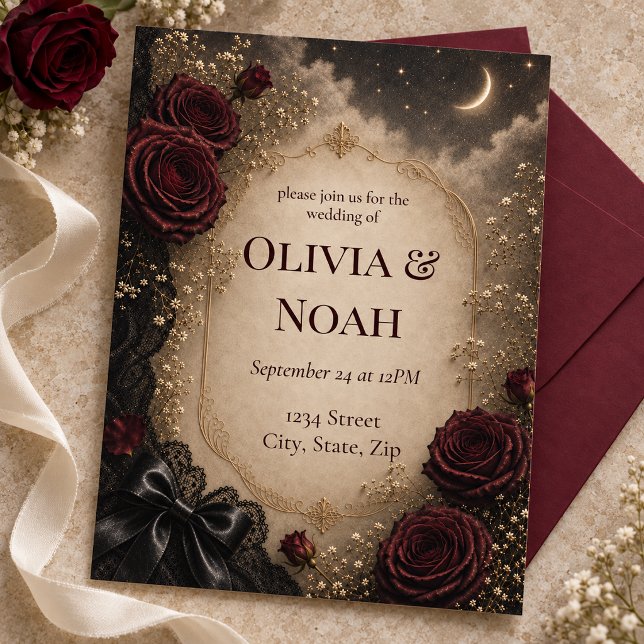 Mörk Romantisk Gotisk Ros & Måne Bröllop Inbjudningar (Elegant gothic wedding invitation featuring deep burgundy roses, antique parchment.)