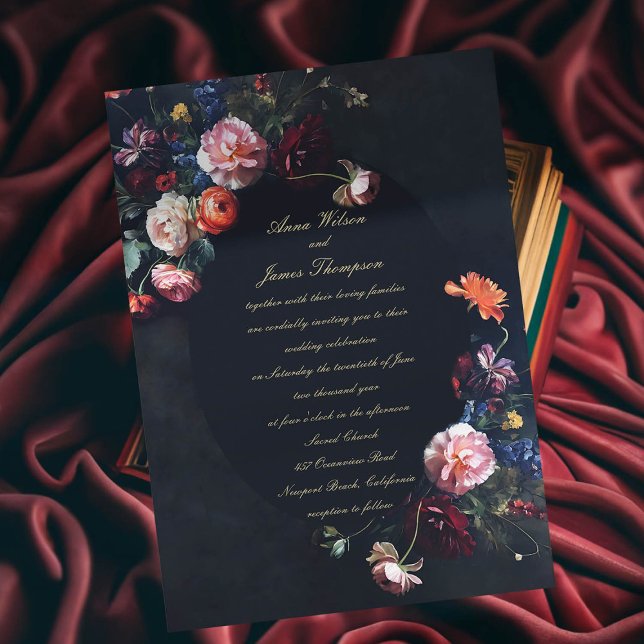 Mörk Romantisk Moody Blommigt Kalligrafi Bröllop Inbjudningar (dark romantic wedding invitation fairytale romance black navy dutch masters floral frame painting )