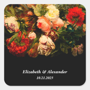 Mörk romantisk stämningsfull elegant blomsterbröll fyrkantigt klistermärke