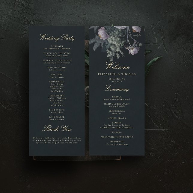 Mörk Romantiska Moody Blommigtar Bröllopsprogramme (dark moody wedding ceremony program purple dusty peony floral painting romantic gothic winter)