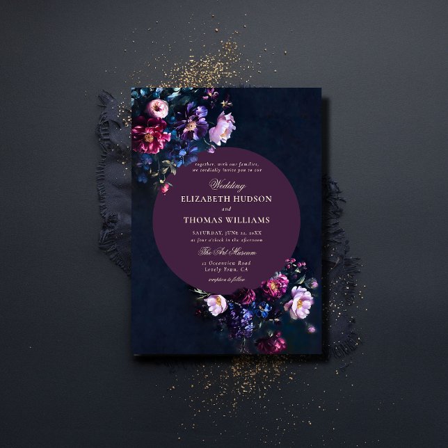 Mörk Romantiska Moody Blommigtar Jewel Mauve Bröll Inbjudningar (dark romantic wedding invitation jewel moody floral painting modern classic elegant formal)