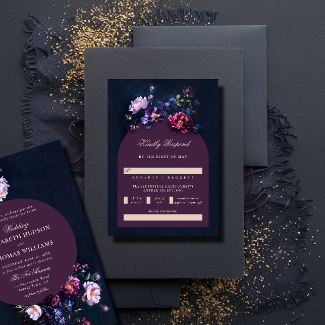 Mörk Romantiska Moody Blommigtar Jewel Mauve Bröll OSA Kort (dark romantic wedding RSVP reply respond jewel moody floral painting modern classic elegant formal)