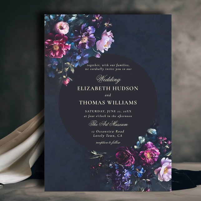 Mörk Romantiska Moody Blommigtar Jewel Tones Bröll Inbjudningar (dark moody romantic wedding invitation gothic florals jewel tones classy romance modern classic)