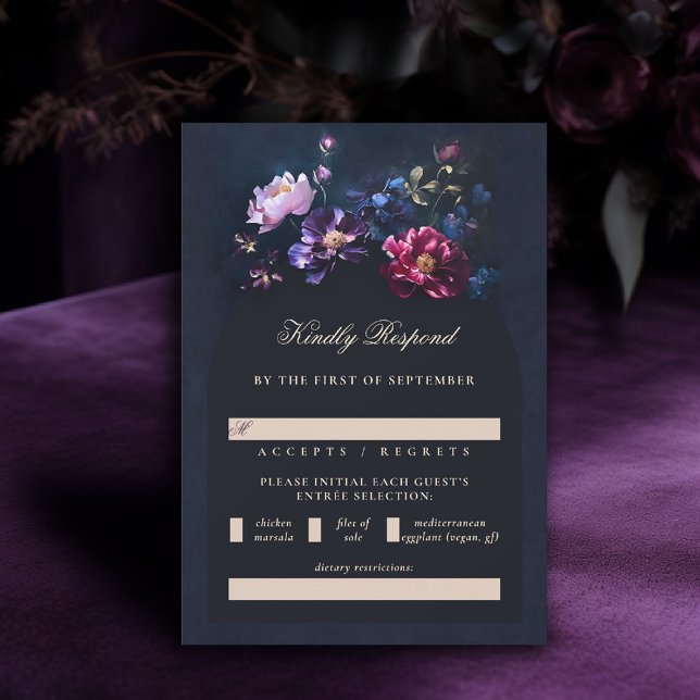 Mörk Romantiska Moody Blommigtar Juel Black Bröllo OSA Kort (dark moody wedding RSVP meal choice purple black jewel tones dutch painting romantic gothic)