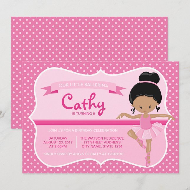 Mörk Rosa Ballerina Birthday Inbjudan (Fram/baksida)