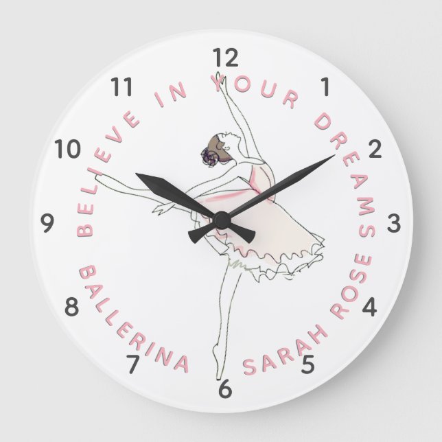 Mörk Rosa Ballerina Girl Personlig Namn Clock Stor Klocka (Framsida)