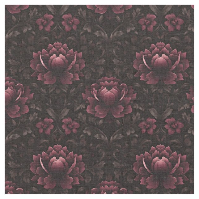 Mörk Rosa Blommigt Damask on Black Tyg (Närbild)