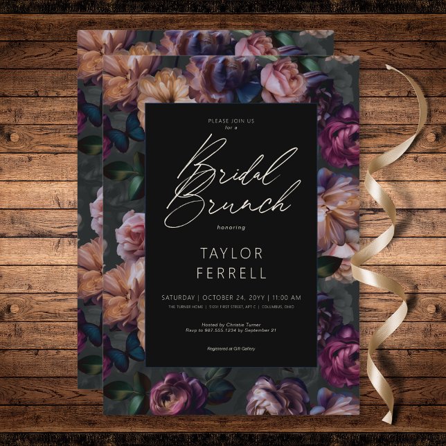 Mörk Rosa Burgundy & Guld Blommigt Möhippa Brunch Inbjudningar (Dark Pink Burgundy & Gold Floral Bridal Brunch Invitation)
