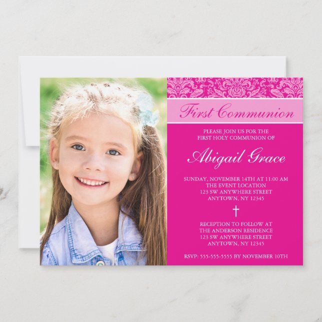 Mörk Rosa Damask Girl Photo First Communion Inbjudningar (Framsida)