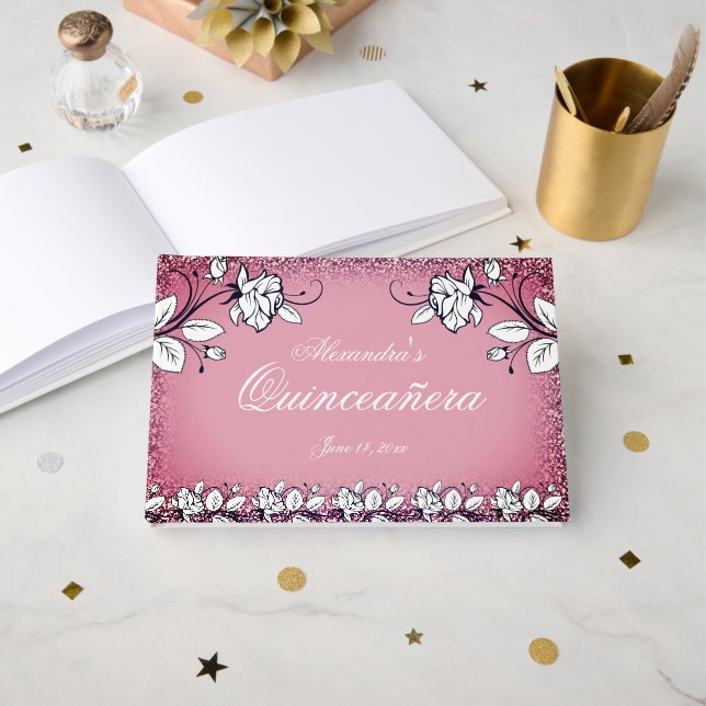 Mörk Rosa Faux Glitter Vit ros Quinceanera Gästböcker (Framsida öppen)