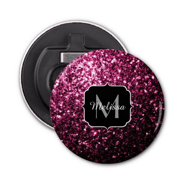 Mörk Rosa faux shiny glitter sparkles Monogram Flasköppnare (Framsidan)