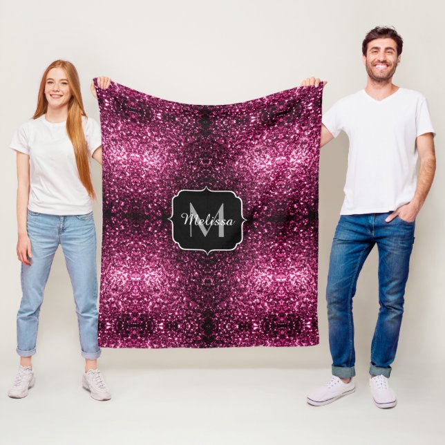 Mörk Rosa faux shiny glitter sparkles Monogram Fleecefilt (På plats)