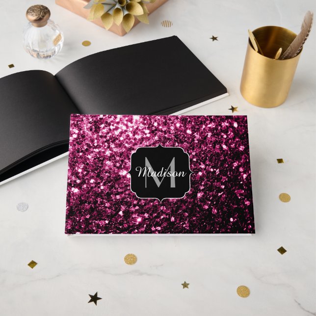 Mörk Rosa faux shiny glitter sparkles Monogram Gästböcker (Framsida öppen)