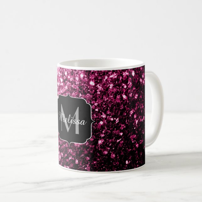 Mörk Rosa faux shiny glitter sparkles Monogram Kaffemugg (Framsida höger)