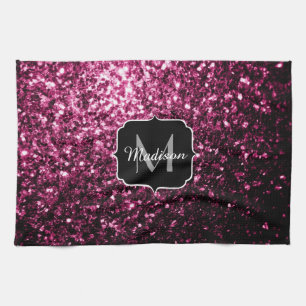 Mörk Rosa faux shiny glitter sparkles Monogram Kökshandduk