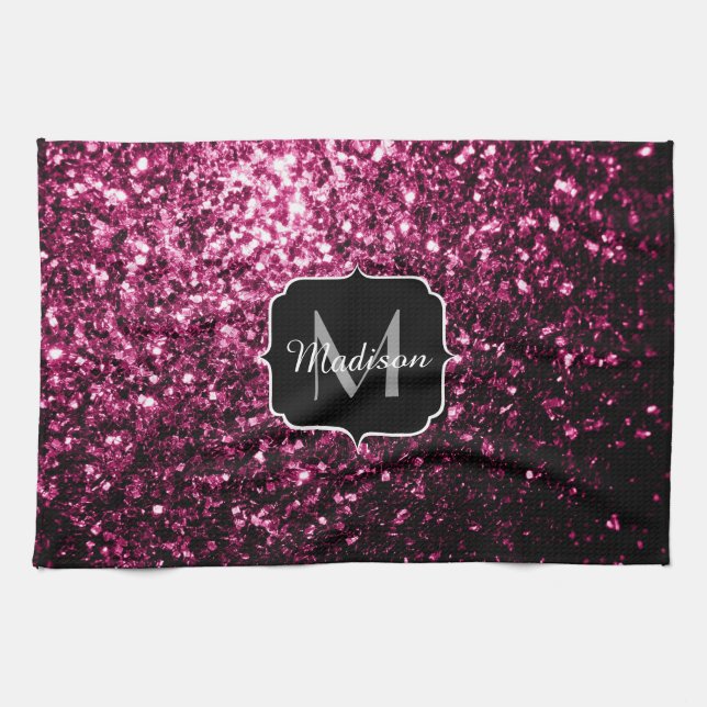 Mörk Rosa faux shiny glitter sparkles Monogram Kökshandduk (Horisontell)
