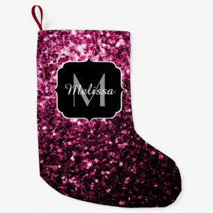 Mörk Rosa faux shiny glitter sparkles Monogram Liten Julstrumpa