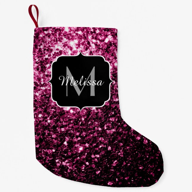 Mörk Rosa faux shiny glitter sparkles Monogram Liten Julstrumpa (Framsidan)