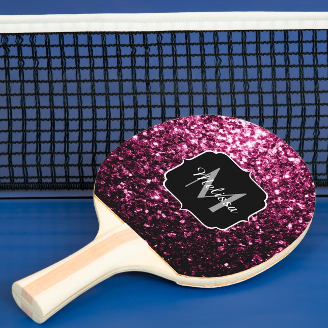 Mörk Rosa faux shiny glitter sparkles Monogram Pingisracket (Insitu)