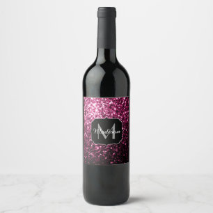 Mörk Rosa faux shiny glitter sparkles Monogram Vinflaska Etikett