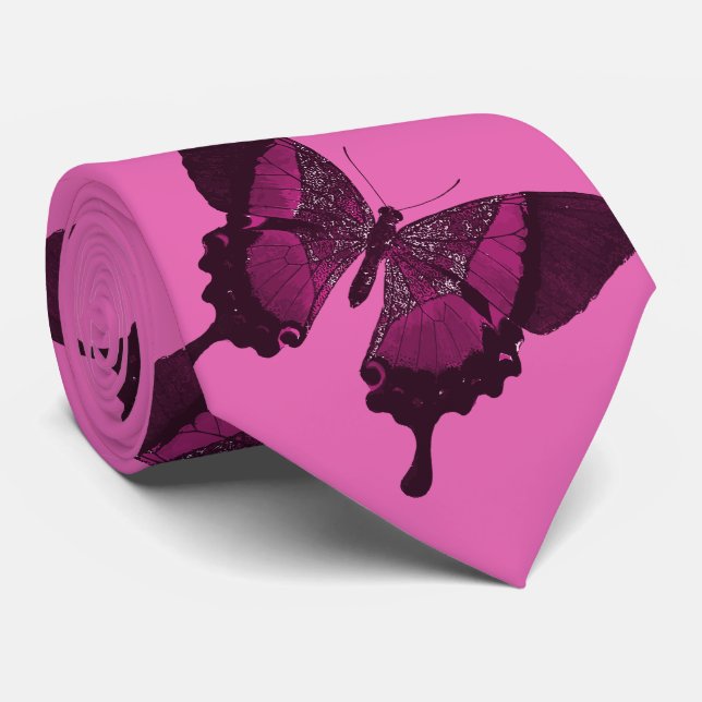 Mörk rosa-fjäril med rosa ros-bakgrund slips (Rullad)