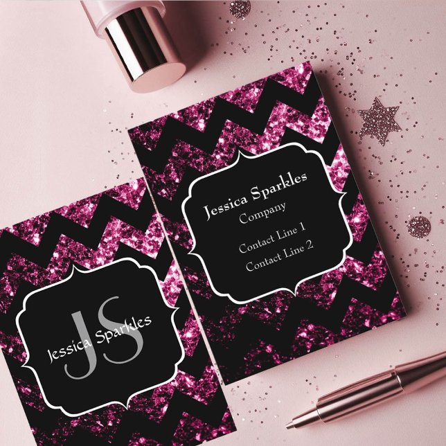 Mörk Rosa glitter sparkles black Chevron Monogram Visitkort (Skapare uppladdad)