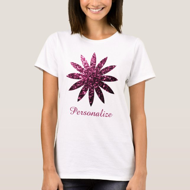 Mörk Rosa glitter sparkles Blomme Personalize T Shirt (Framsida)