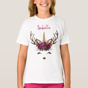 Mörk Rosa Guld Monogram jul Unicorn Reindeer T Shirt