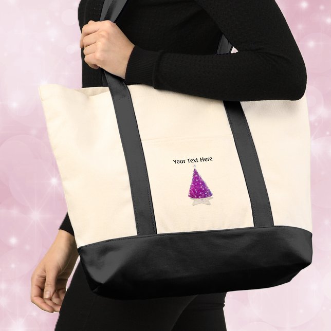 Mörk rosa julgran Silverglitter Stjärnor Tygkasse (Dark pink Christmas tree silver star ornements on holiday tote bag.)