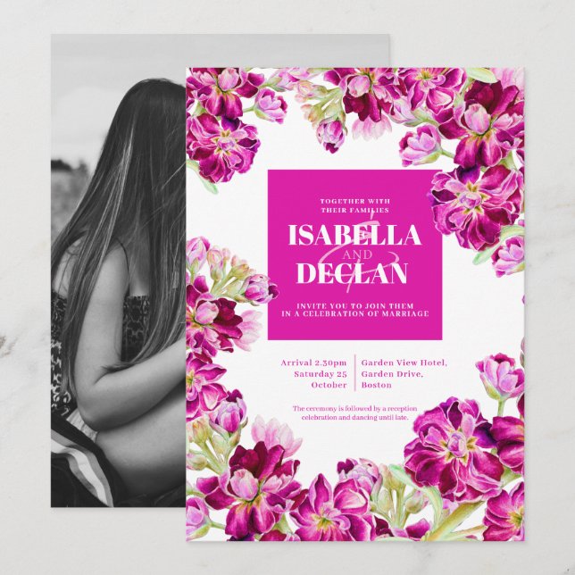 Mörk rosa lagrar blommigt ram, vattenfärgen bröllo inbjudningar (Fram/baksida)