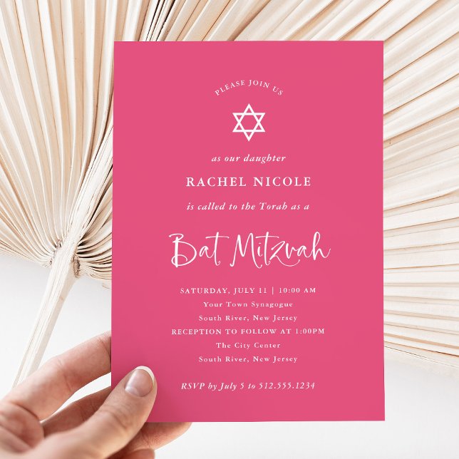 Mörk Rosa med vit kalligrafi | BAT MITZVAH Inbjudningar (A pretty, dark pink Bat Mitzvah invitation with elegant white calligraphy and a Star of David)
