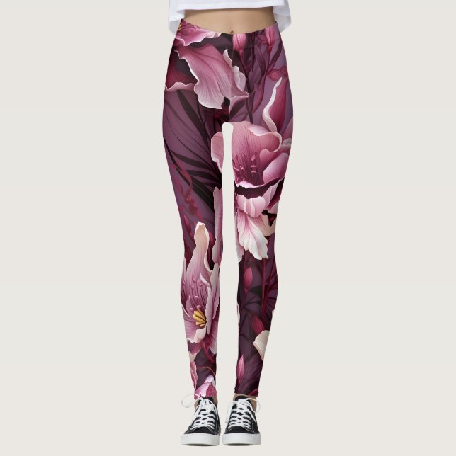 Mörk Rosa Orchids Mönster Leggings (Framsida)