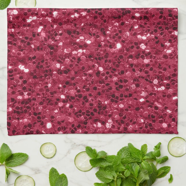 Mörk rosa red magenta faux sparkles glitter kökshandduk (Vikta)