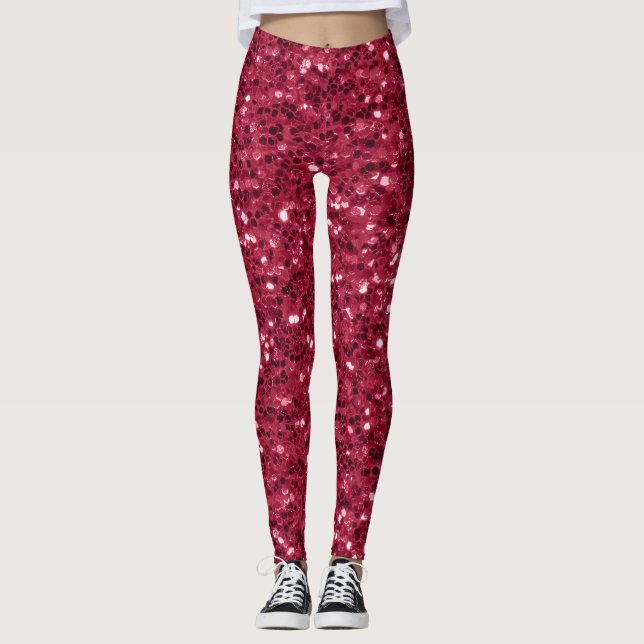 Mörk rosa red magenta faux sparkles glitter leggings (Framsida)
