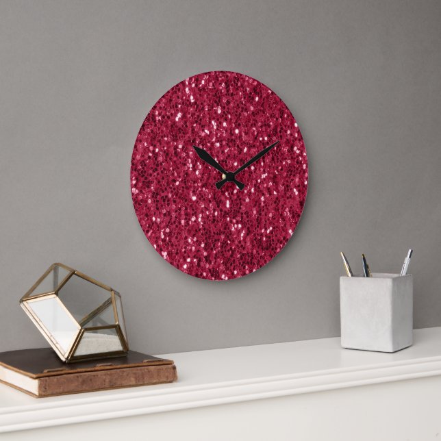 Mörk rosa red magenta faux sparkles glitter stor klocka (Kontor)