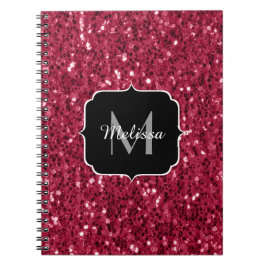 Mörk rosa red magenta faux sparkles Monogram Anteckningsbok