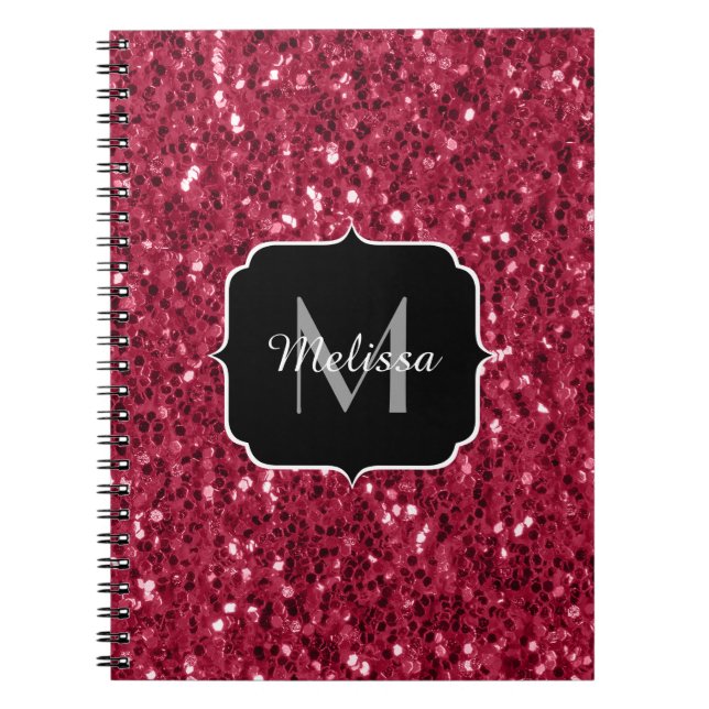 Mörk rosa red magenta faux sparkles Monogram Anteckningsbok (Framsidan)