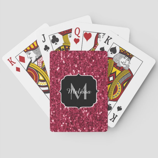 Mörk rosa red magenta faux sparkles Monogram Casinokort (Baksidan)