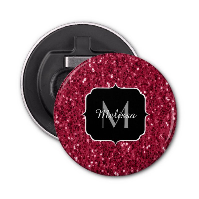 Mörk rosa red magenta faux sparkles Monogram Flasköppnare (Framsidan)