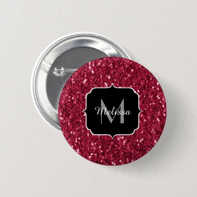 Mörk rosa red magenta faux sparkles Monogram Knapp (Framsida & baksida)