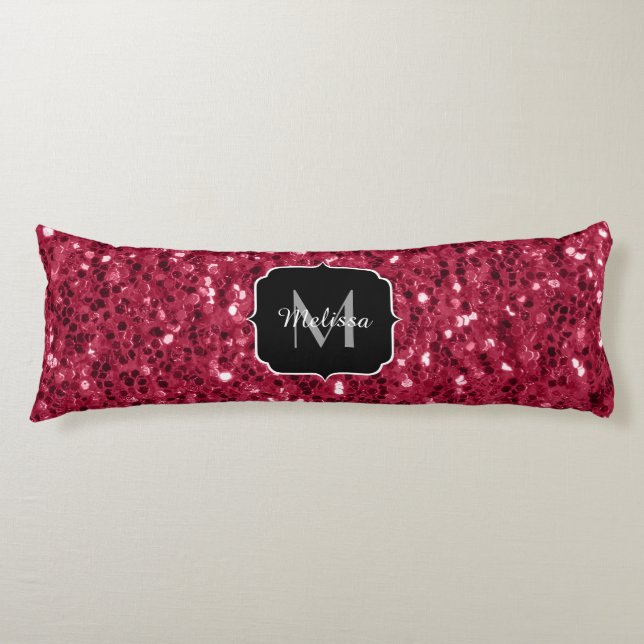 Mörk rosa red magenta faux sparkles Monogram Kroppskudde (Framsidan)