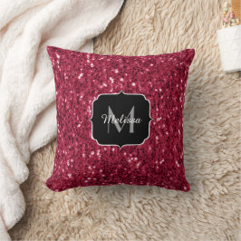 Mörk rosa red magenta faux sparkles Monogram Kudde