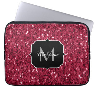 Mörk rosa red magenta faux sparkles Monogram Laptop Fodral