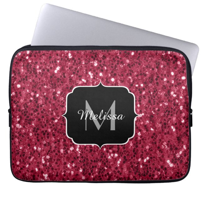 Mörk rosa red magenta faux sparkles Monogram Laptop Fodral (Framsidan)