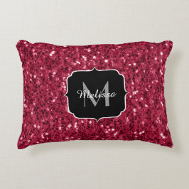 Mörk rosa red magenta faux sparkles Monogram Prydnadskudde